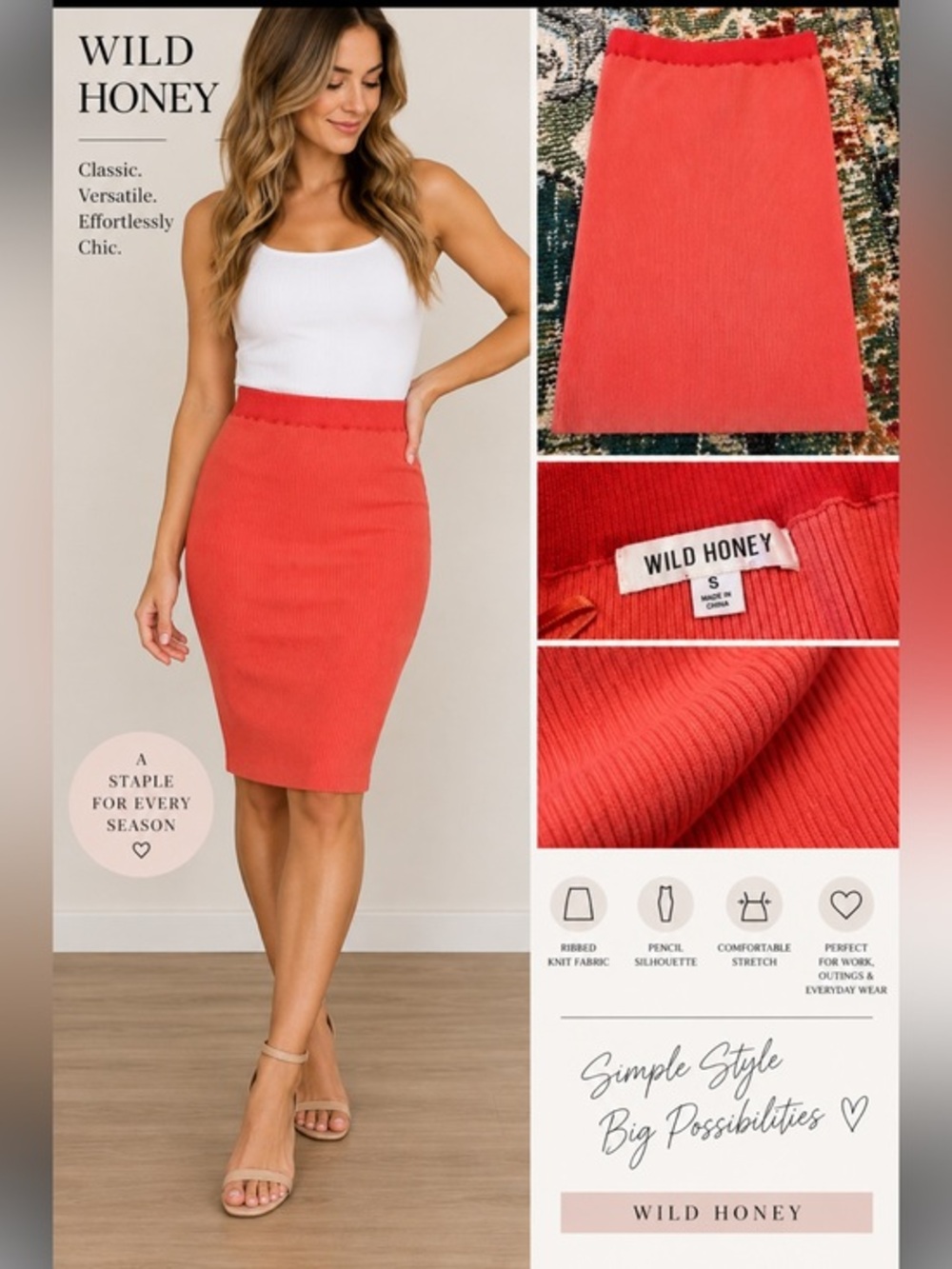 Wild Honey Coral Red Ribbed Knit Knee Length Pencil Skirt Size Small